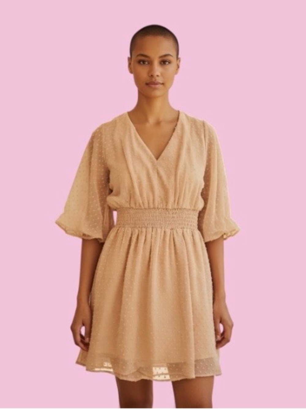 Harper Beige V-Neck Smocked Waist Mini Dress